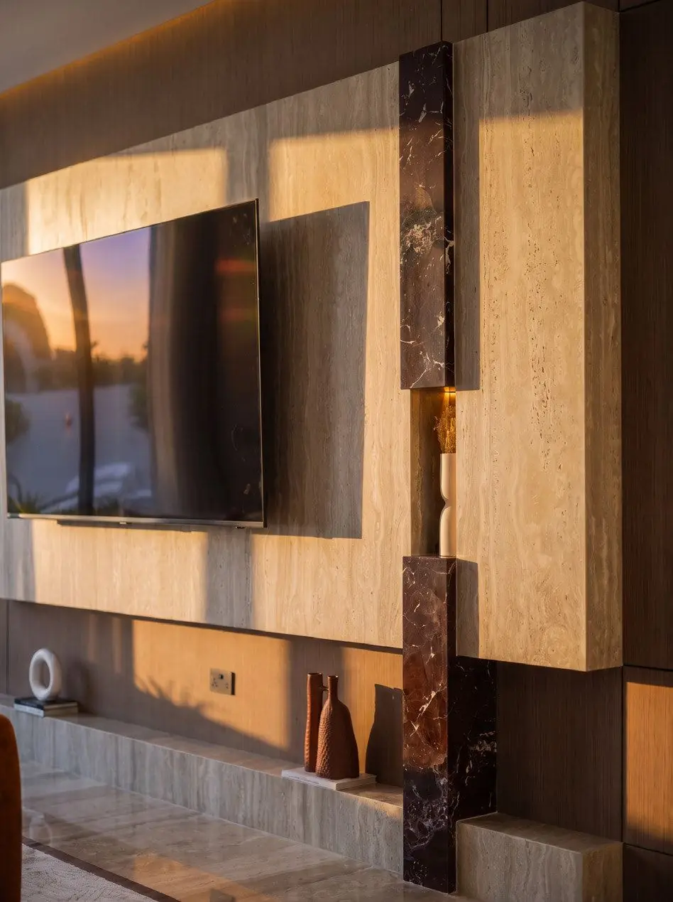 Media wall with marble feature panel